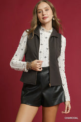 Umgee Zip-Front Fitted Vest with Pockets CHARCOAL OutfitFlow